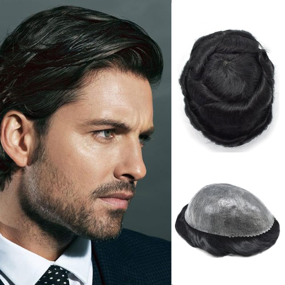 Toupee for Men Men's Toupee Human Hair Replacement System Full Poly Thin Skin Mens Hairpieces Injected PU Mens Toupee Human Hair System Protesis Capilar8x10-110% density#1 Jet Black