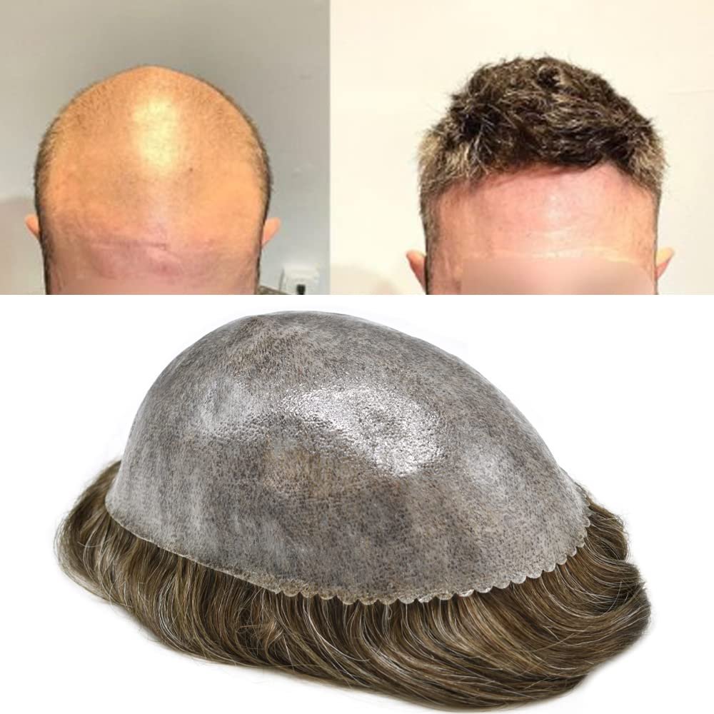 Toupee for Men Men's Toupee Human Hair Replacement System Full Poly Thin Skin Mens Hairpieces Injected PU Mens Toupee Human Hair System Protesis Capilar7x9-120% density#420#4 Medium Brown+20% Grey