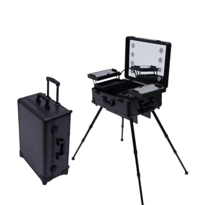 22in Portable Makeup Station Rolling Makeup Case with Mirror & Light Professional Makeup Train Case Adjustable Height Cosmetic Trolley for Makeup Artist Hairstylist Home Nail Salons