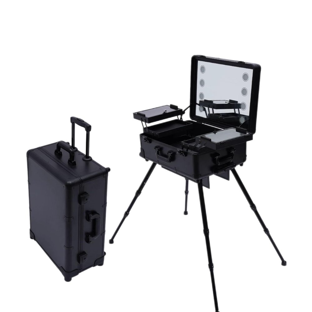 22in Portable Makeup Station Rolling Makeup Case with Mirror & Light Professional Makeup Train Case Adjustable Height Cosmetic Trolley for Makeup Artist Hairstylist Home Nail Salons