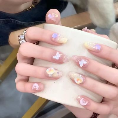 ZIIVIEVS Handmade Wearing Nail Sheet Macaron Color Fresh and Cute Bow Yellow Skin Whitening Detachable Nail Enhancement (Size : L)