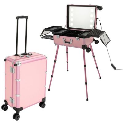 BANEBONE Makeup Train Case Professional Aluminum Alloy Rolling with Lighted Mirror Large Cosmetic Organizer Box with Wheels, Travel Vanity Box 8 * 5W LED Bulbs Capacity 110.23lbs Pink
