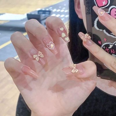 ZIIVIEVS Nude colored pearl bow, hand worn nail ladder, wearable nail patch, detachable fake nails 10pcs (Size : L)