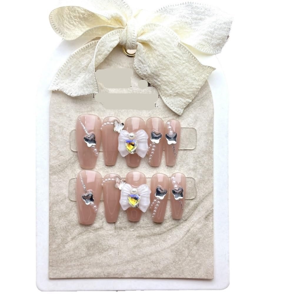 ZIIVIEVS Handmade Wearing Nail Pieces, Love Butterfly Pearl Pink False Nails, Detachable Cute Girl 10pcs (Size : L)