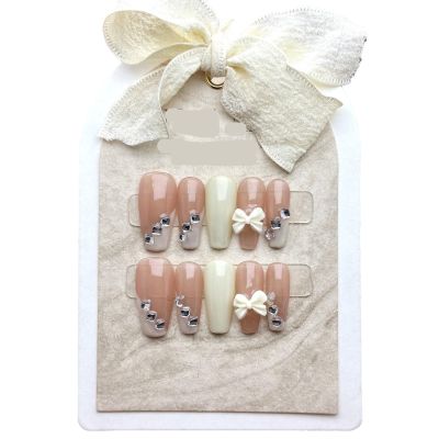 ZIIVIEVS Milk White Butterfly Handmade Wearing Party A Diamond French Medium Length Wearable Nail Panel False Nail 10pcs (Size : M)