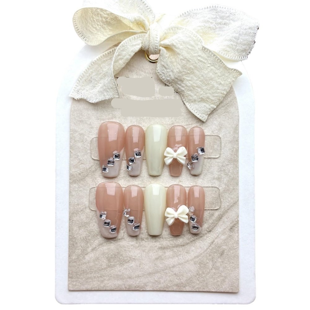 ZIIVIEVS Milk White Butterfly Handmade Wearing Party A Diamond French Medium Length Wearable Nail Panel False Nail 10pcs (Size : M)