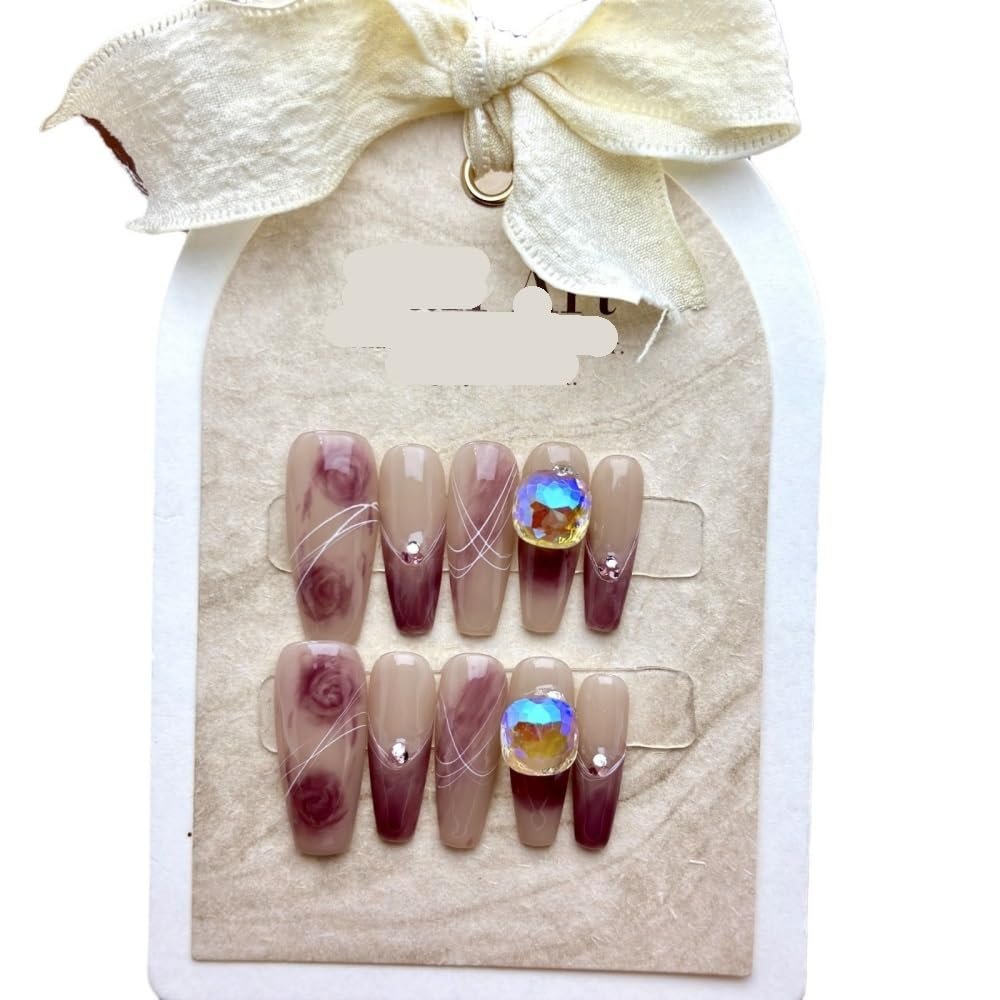 ZIIVIEVS Handmade Wearing Nail Purple Grape Halo Dye Shining Diamond Long Nail Patch False Nail 10pcs (Size : S)