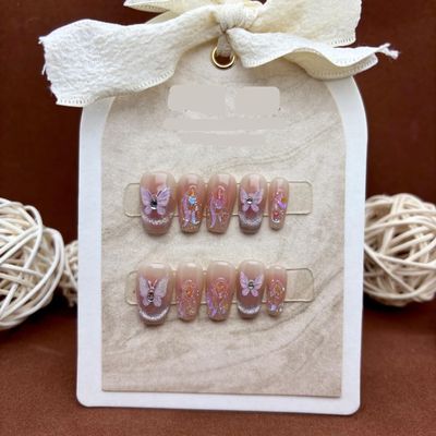 ZIIVIEVS Temperament Naked Handmade Wearing of Nail White Stone Shell Butterfly Detachable Nail Patch False Nails 10pcs (Size : XS)