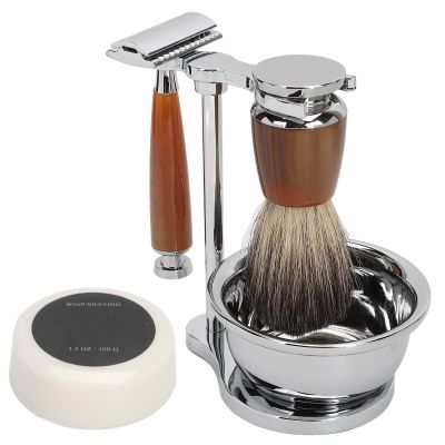 5 Pcs Shaving Brush and Bowl Set, Wood Handle Badger Shaving Brush with Goat Milk Shaving Soap Shaving Mug, Beard Brush Razors with Stainless Steel Shaving Stand, Gifts for Men