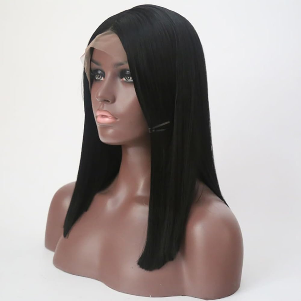 12 Inch Bob Wig, Synthetic Lace Front Wigs Pre Plucked Straight Lace Frontal Glueless Short Bob Wigs for Women, Heat Resistant Fiber Kinky Wigs for Daily Party Use
