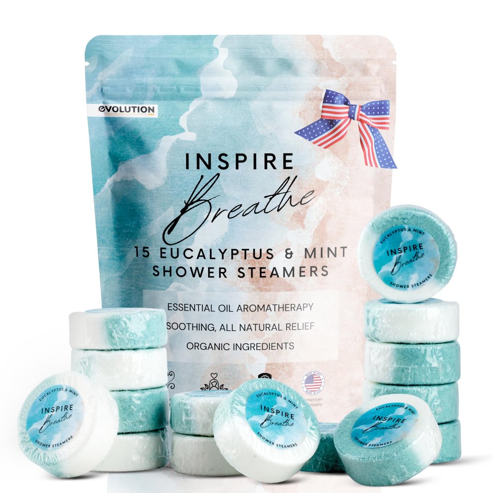 EvolutionUSA Inspire Breathe Shower Steamers, 15 Mint & Eucalyptus Shower Steamers for Women & Men, Refreshing Vapor Shower Tablets, Self Care Shower Bombs, Gift for Mother's Day, Easter, Birthday
