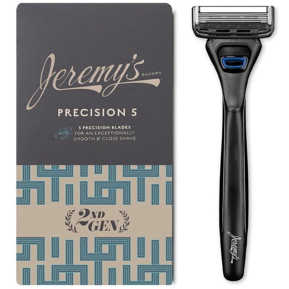 Jeremy's Razors for Men: Precision 5 Blade Razor - Stainless Blades, Lubricating Strip, Precision Trimmer - Men's Shaving Essentials Kit, Travel Shaver Face Body Head Shavers (1 Razor 1 Cartridge)