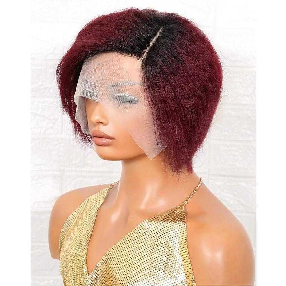 oulaer Short Pixie Cut Bob Wig Yaki Ombre 1b/99j Color Kinky Straight Human Hair Wig 13x6 HD Transparent Lace Front Wig Side Part Invisible Lace Glueless Wigs 150% Density Remy Hair 8inch