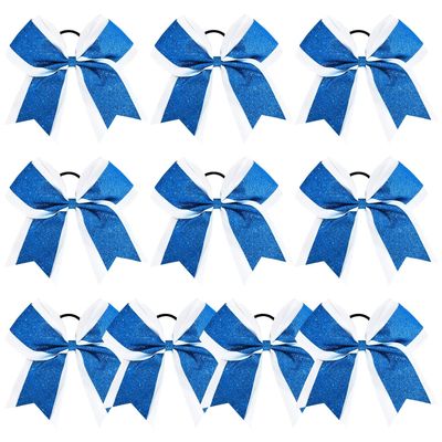 10PCS 8" Large Glitter Cheer Bows Blue Hair Bow for Girls Rhinestones Sequin Bow Hair Ties School Senior Cheer Bow Hair Accessories for Teen Softball Cheerleader Sports