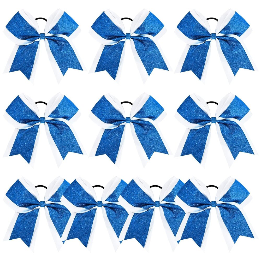 10PCS 8" Large Glitter Cheer Bows Blue Hair Bow for Girls Rhinestones Sequin Bow Hair Ties School Senior Cheer Bow Hair Accessories for Teen Softball Cheerleader Sports