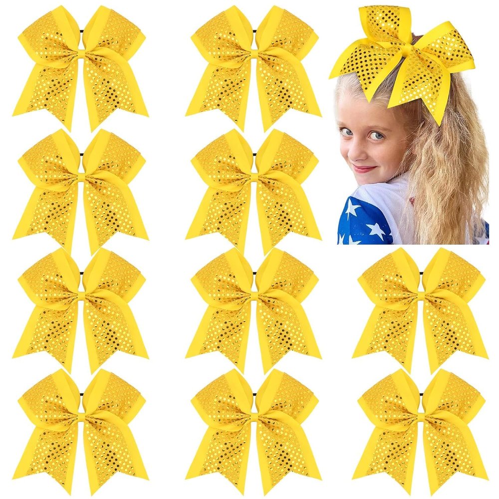 10 PCS 8" Large Glitter Cheer Bows Shiny Girl Hair Bows Ponytail Holder Sparkly Yellow Cheerleading Softball Team Hair Accessories