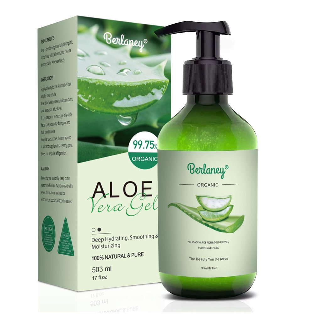 Berlaney Organic Aloe Vera Gel 17oz for Face and Body & Hair, 99.75% Organic and 100% Pure Aloe Vera Made within 12 Hours of Harvest, Aloe Vera For Deep Moisturizes and Sunburn Relief