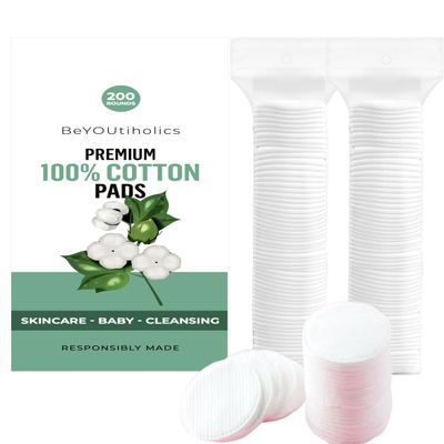 BeYOUtiholics Premium 100% cotton pads, 200 rounds - Skincare, Baby, Cleansing, Gentle & soft, Hypoallergenic, Extra absorbent & Lint free.