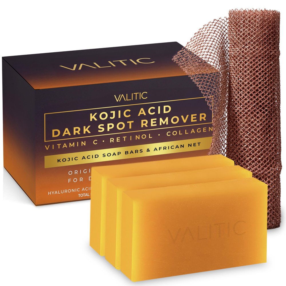 VALITIC Kojic Acid and Turmeric Soap for Dark Spots and African Net, 3 Pack