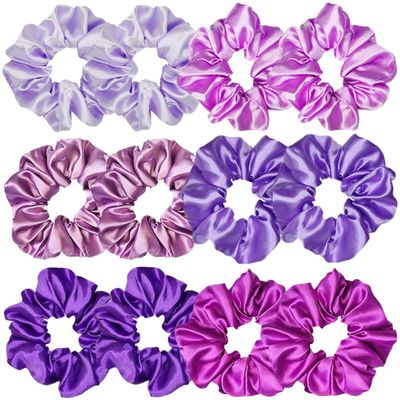 12 Pcs Satin Silk Scrunchies Soft Hair Ties Fashion Bands Bows Hair Ropes Elastic Bracelet Ponytail Holders Hair Accessories for Women and Girls (4.5 Inch, Assorted Purple)