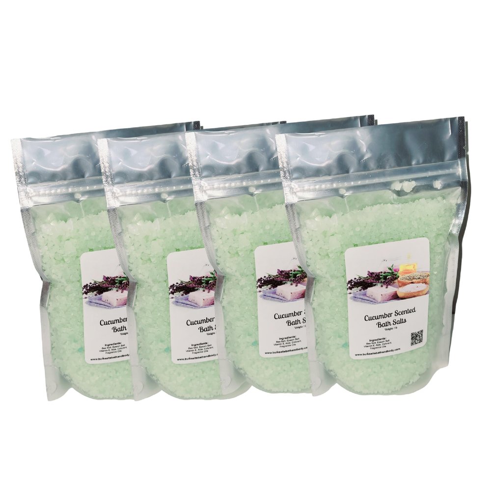 Bath Salts | 1lb Bag (16 oz.) | Cucumber Scent | Epsom Salt | Sea Salt | Bathing | Body Care | Beauty | Relaxation | Spa | Pedicure | Manicure ((4) 1lb Bags)