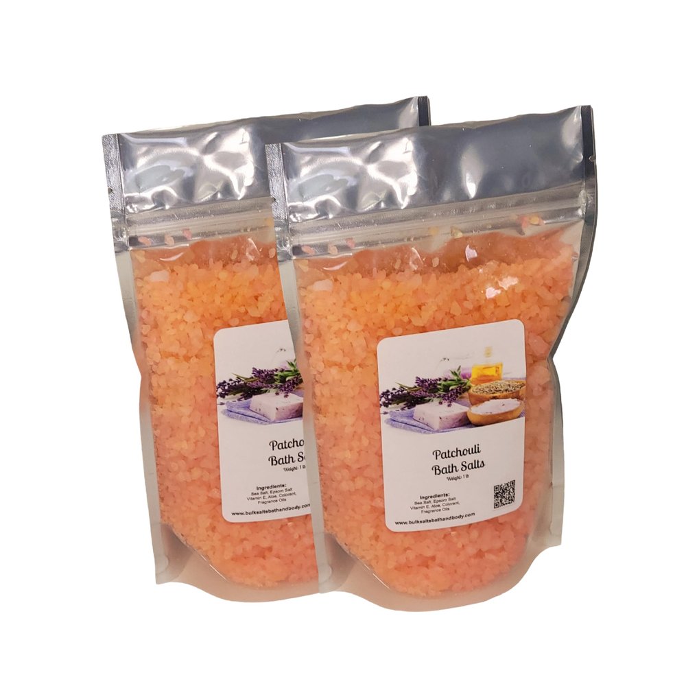Bath Salts | 1lb Bag (16 oz.) | Patchouli Scent | Epsom Salt | Sea Salt | Bathing | Body Care | Beauty | Relaxation | Spa | Pedicure | Manicure ((2) 1lb Bags)