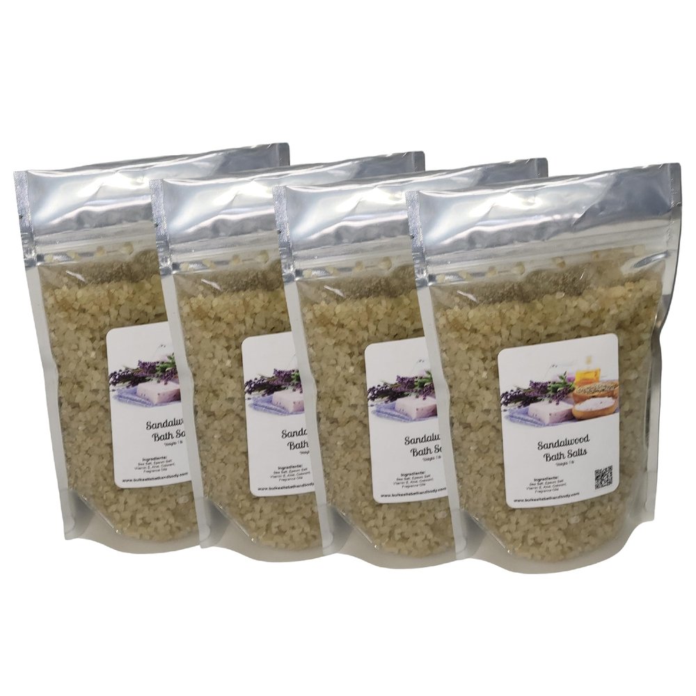 Bath Salts | 1lb Bag (16 oz.) | Sandalwood Scent | Epsom Salt | Sea Salt | Bathing | Body Care | Beauty | Relaxation | Spa | Pedicure | Manicure ((4) 1lb Bags)