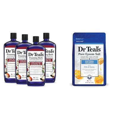 Dr Teal's Foaming Bath with Epsom Salt, Shea Butter & Almond, 34 fl oz (Pack of 4) + Dr Teal's Epsom Salt Soaking Solution, Milk and Honey, 48 Oz