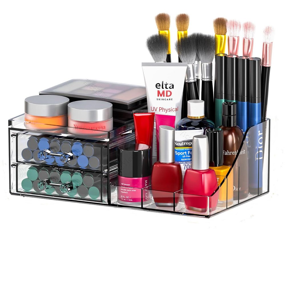 Acrylic Small Makeup Organizer with Drawers,Clear Skincare Organizer for Vanity,Dresser,Bathroom Countertop,Cute Cosmetic Organizer for Lip Gloss,Makeup Brush,Beauty,Skin Care and Cosmetic Storage