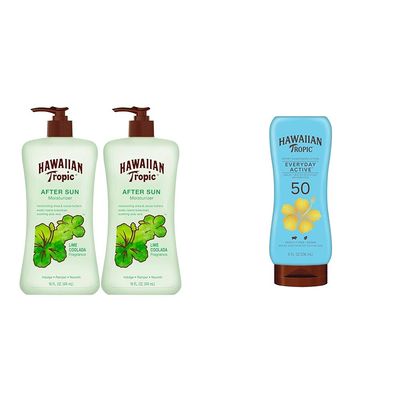 Hawaiian Tropic After Sun Lotion Twin Pack 16oz each & Everyday Active Sunscreen Lotion SPF 50 8oz