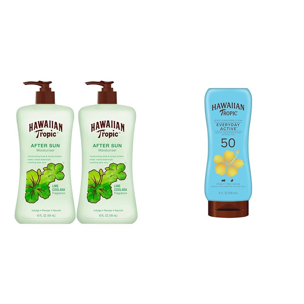 Hawaiian Tropic After Sun Lotion Twin Pack 16oz each & Everyday Active Sunscreen Lotion SPF 50 8oz