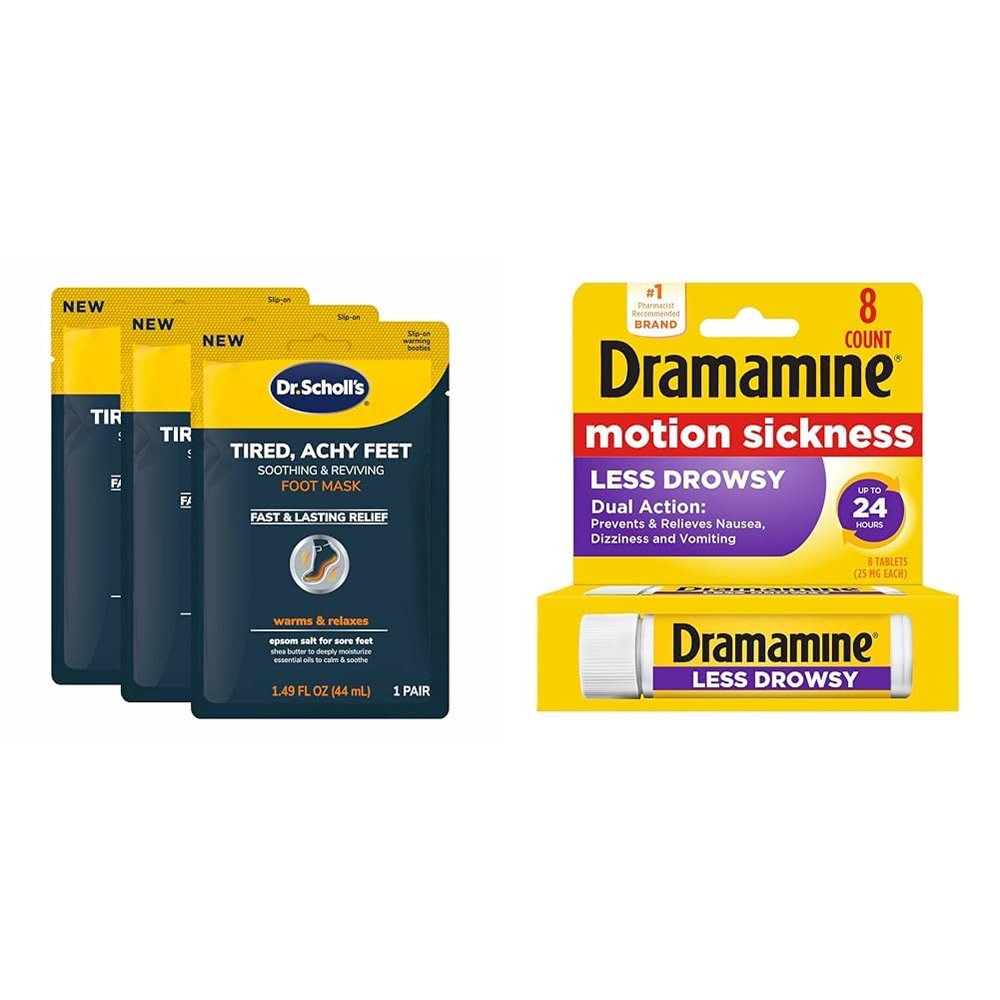 Dr. Scholl's Tired, Achy Feet Soothing & Reviving Foot Mask, 3 Pair and Dramamine Motion Sickness Relief Less Drowsy Formula, 8 Count