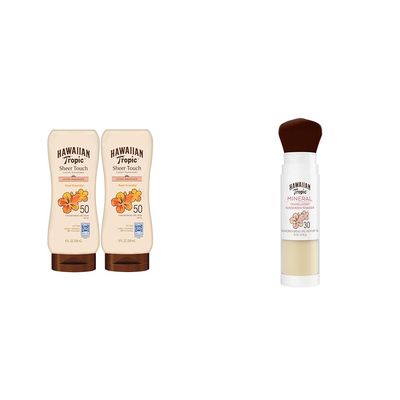 Hawaiian Tropic Sheer Touch Ultra Radiance SPF 50 Sunscreen Lotion Twin Pack with Mineral Powder SPF 30 Sunscreen Brush