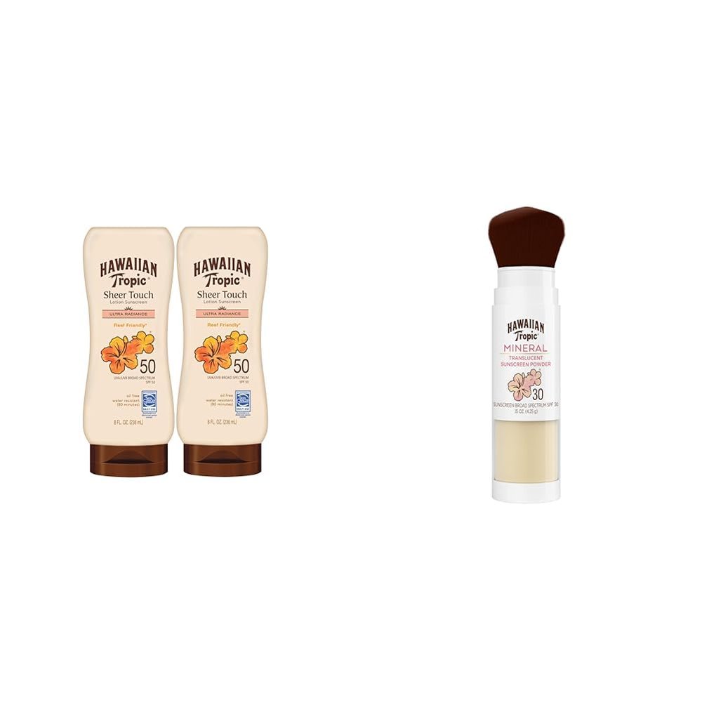 Hawaiian Tropic Sheer Touch Ultra Radiance SPF 50 Sunscreen Lotion Twin Pack with Mineral Powder SPF 30 Sunscreen Brush
