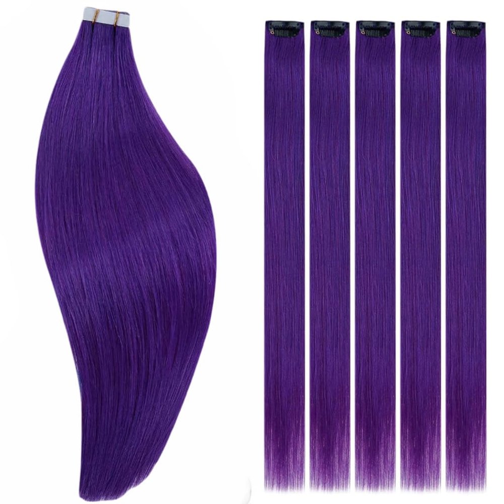 RUNATURE Bundles 14 Inch Purple Hair Extensions Real Human Hair Clip ins 25g 5pcs and 12 Inch Purple Tape in Hair Extensions 20g 10pcs