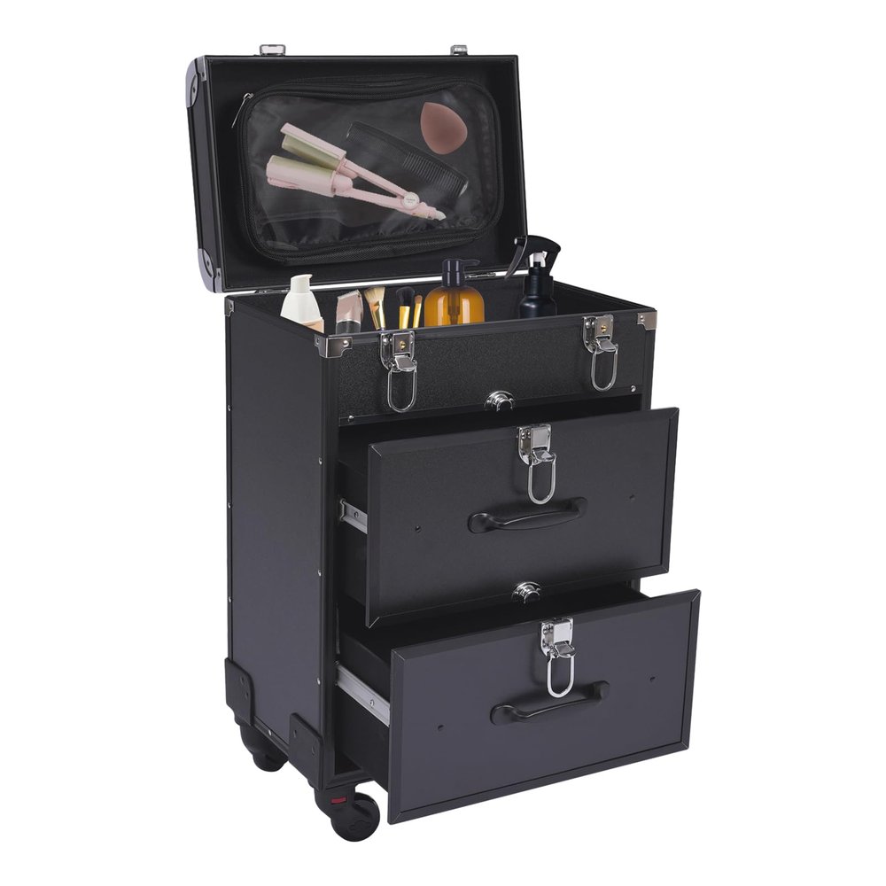 Hanmorfarbi Professional Rolling Makeup Train Case with Drawers, Makeup Artists Multifunction lighted Cosmetics Rolling Case with Locks, Cosmetics Storage Organizer Make up Case for Travel Makeup