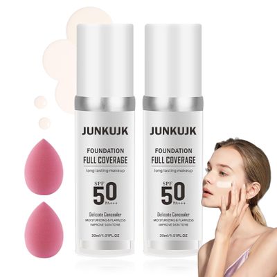 2PCS Color Changing Foundation with SPF 50 +++,Moisturizing Liquid Foundation Makeup Kit with 2 Makeup Sponges,Oil Control Long Lasting Non-greasy Full Coverage Concealer for All Skin Types