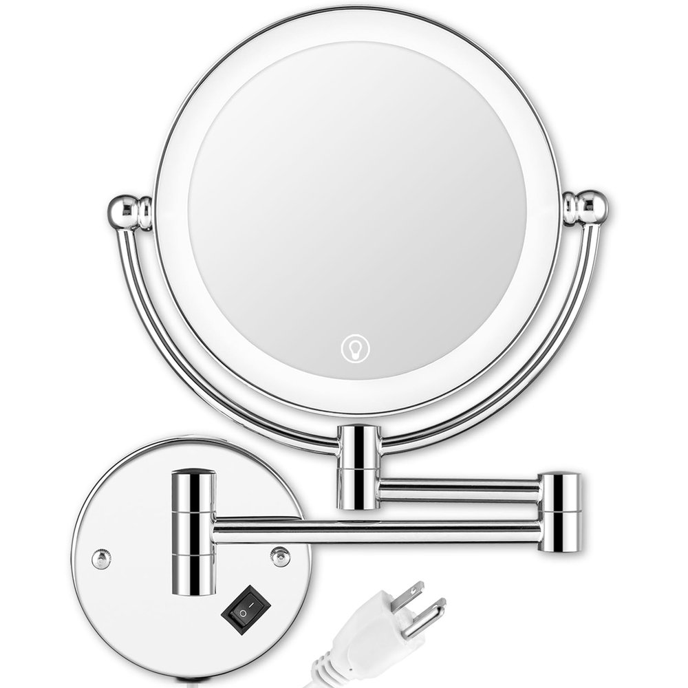 AMZNEVO Wall Mounted Lighted Makeup Mirror with Magnification, 8-inch 1X/10X Wall Mount Magnifying Mirror for Bathroom, Touch Dimmable, 360 Degree Swivel, 2-Sided, Extendable Arm