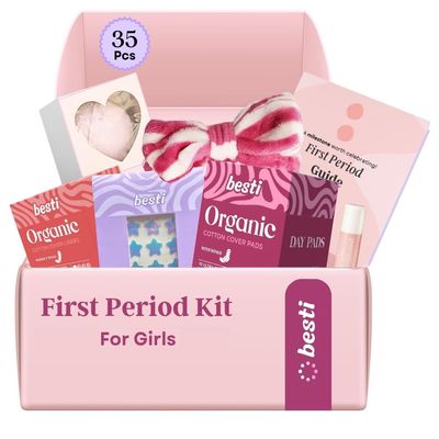 Besti First Period Kit for Girls (Ages 9-12) | Organic Pads & Liners, Pimple Patches, Bath Bomb, Lip Balm, Spa Headband & First Period Guide | Self-Care Gift Box for Teens  Menstrual Starter Kit