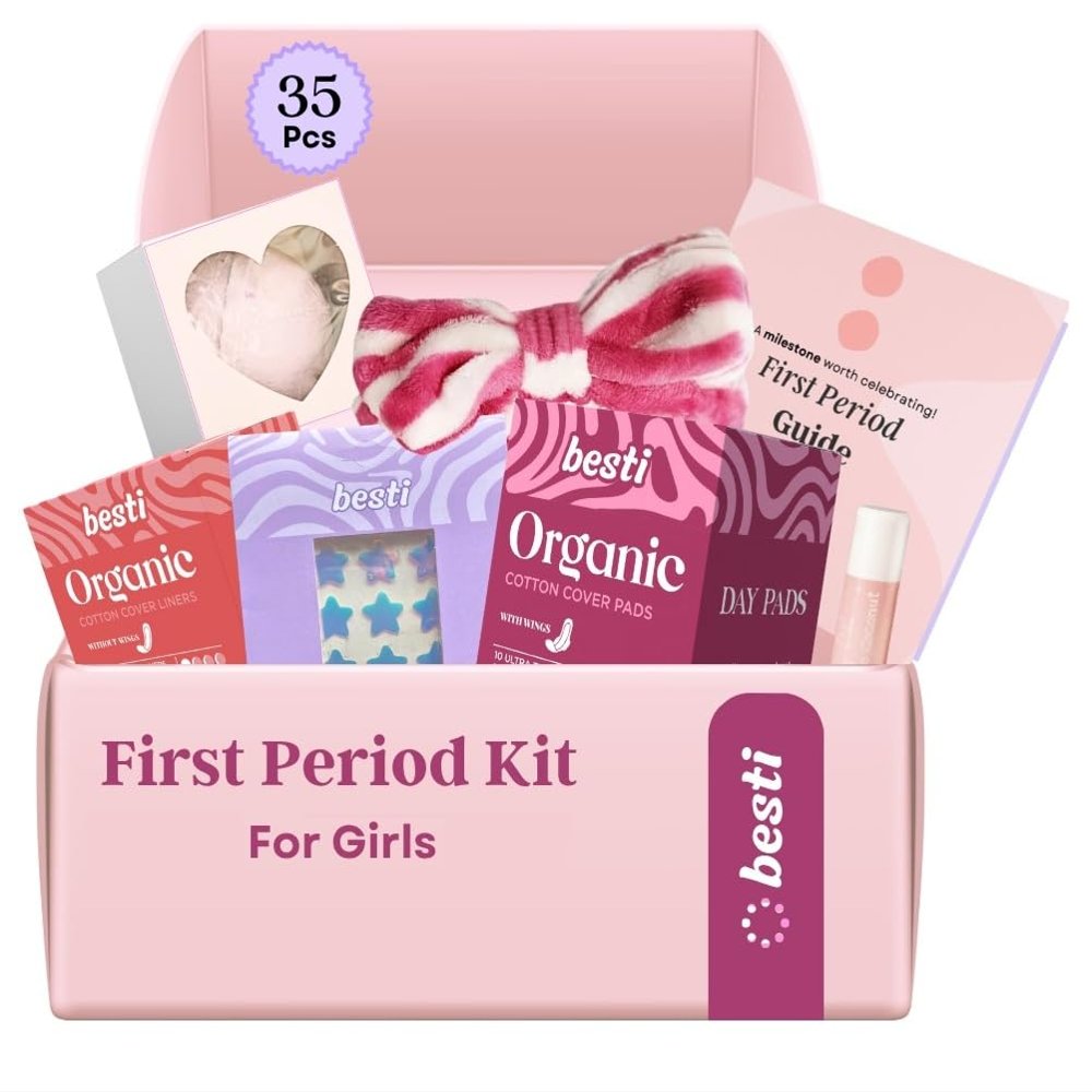 Besti First Period Kit for Girls (Ages 9-12) | Organic Pads & Liners, Pimple Patches, Bath Bomb, Lip Balm, Spa Headband & First Period Guide | Self-Care Gift Box for Teens  Menstrual Starter Kit