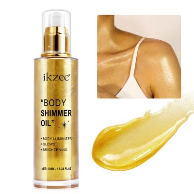 Body Shimmer Oil 100ml, Moisturizing Long Lasting Body Luminizer Face Brightener, Waterproof Liquid Illuminator, Shimmer Glow Highlighter Summer Glowing Tan Makeup (#02 Gold)