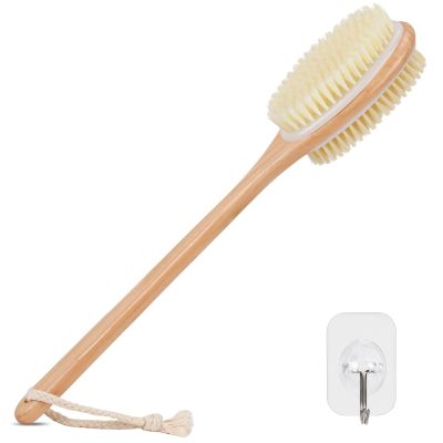 Alyvisun Wooden Back Scrubber for Shower with Long Handle, Dual-Sided Bath Brush Body Scrubber with Stiff and Soft Bristles, Exfoliating Body Brush [Dry and Wet Brushing]