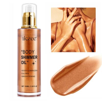 Body Shimmer Oil 100ml, Long Lasting Moisturizing Face & Body Luminizer, Waterproof Liquid Illuminator, Shimmer Glitter Oil Highlighter (#04 Golden Brown)