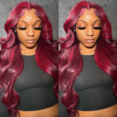 ABALON 99j Burgundy Body Wave Lace Front Wigs Human Hair Wine Red 13x4 HD Lace Frontal Wigs Human Hair Pre Plucked 200% Density Glueless Wigs for Women 20 Inch