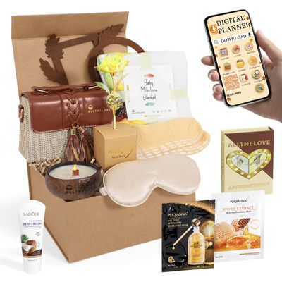 ALLTHELOVE New Mom Care Package - Postpartum Gift Basket with Gold & Honey Masks, Affirmation Cards, Coco Butter Hand Cream & Digital Planner - Gifts for Pregnant Women, Baby Postpartum Kit