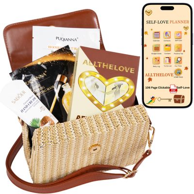 ALLTHELOVE New Mom Spa Package Luxury New Mom Care Set for Women with Chic Rattan Purse, Clickable Planner Download, Affirmation Cards, Hydrating Masks & Lotion Thoughtful Gift for New Moms