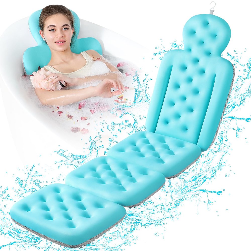 Luxury Bath Cushion, Full Body Bathtub Pillow with 160 Suction Cups, Bath Mat for Head and Neck Support, with Laundry Bag (Blue, 60.2" x 16.2")