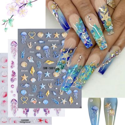 3 Sheets 5D Embossed Nail Decals Starfish Jellyfish Shell Nail Art Stickers Summer Nail Art Design Ocean Theme Nail Adhesive Stickers Self-Adhesive Nail Art Supplies for Women Girls DIY Nail Salons
