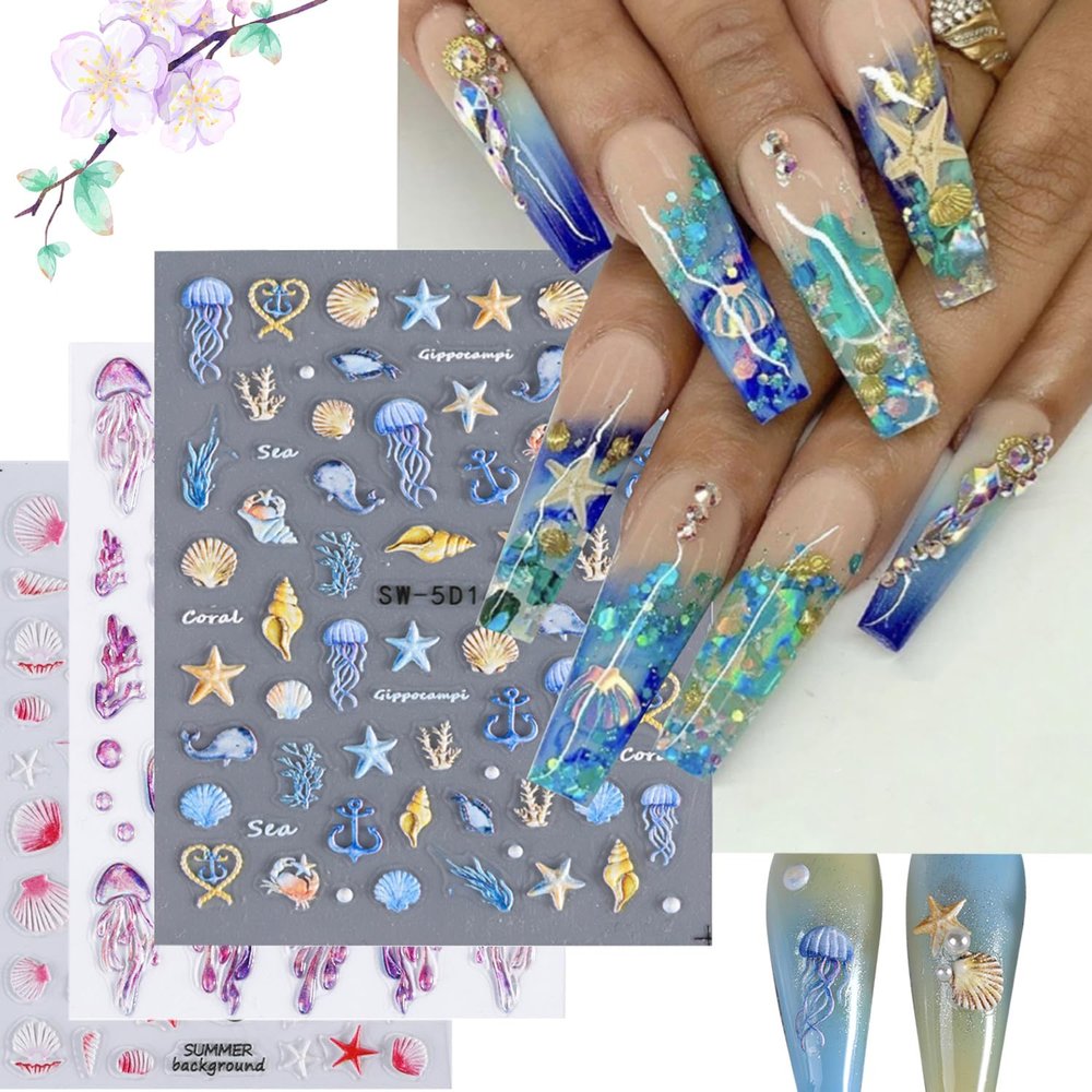 3 Sheets 5D Embossed Nail Decals Starfish Jellyfish Shell Nail Art Stickers Summer Nail Art Design Ocean Theme Nail Adhesive Stickers Self-Adhesive Nail Art Supplies for Women Girls DIY Nail Salons