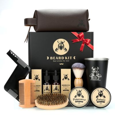 Beard Kit Gifts for Men, Father's Day Birthday Gifts for Men Dad Him, Grooming & Trimming Tool Complete Set, Beard Care Kit with 2 Beard Growth Oil/Balm/Brush/Comb/Shaving Soap/Cup&Storage Bag